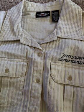 Harley-Davidson Cream and White Vertical-Stripe Button Shirt